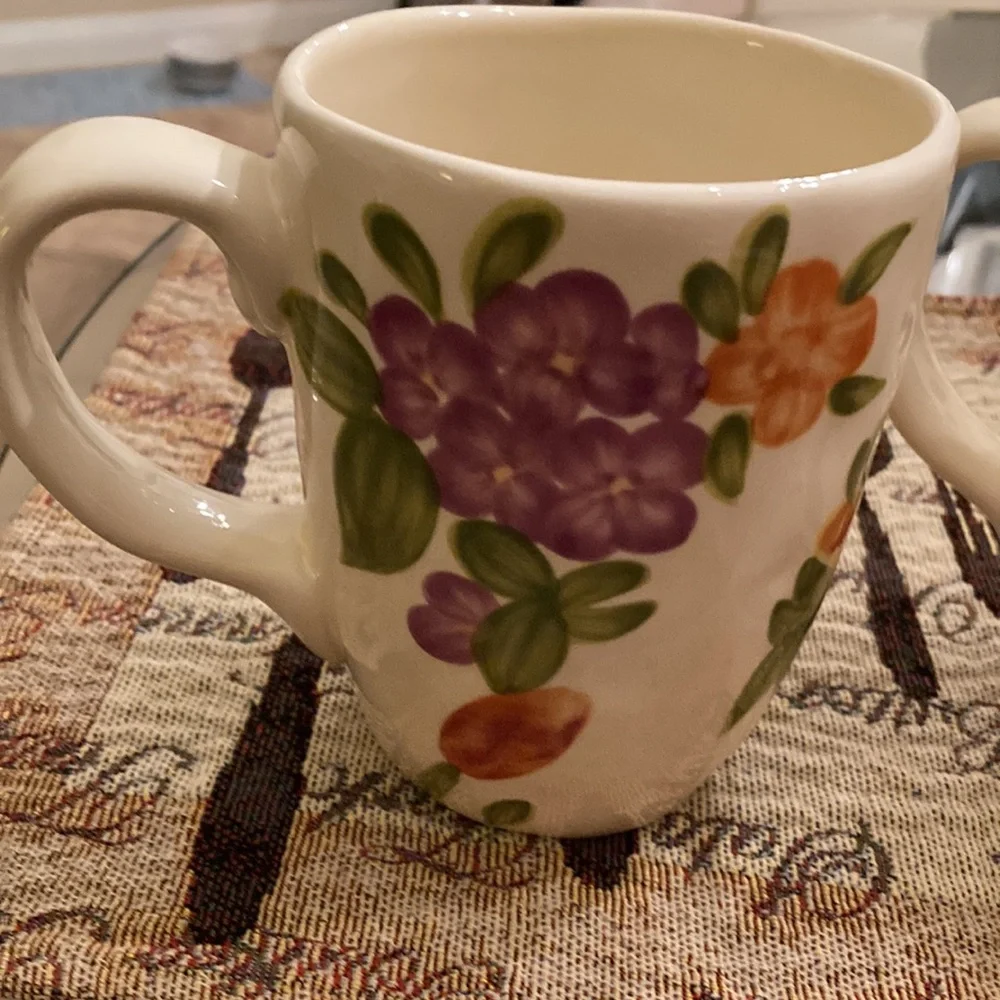 Pier 1 Imports Antoinette Floral Cream Hand Painted Earthenware Mugs (2)